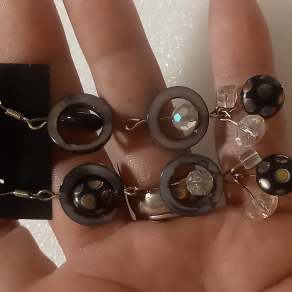 Abalone shell, hematite dangling earrings w/ square  opalescent crystal beads.